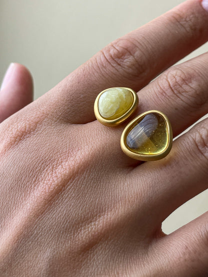 Natural amber ring- Gold plated silver - Double stone ring collection 