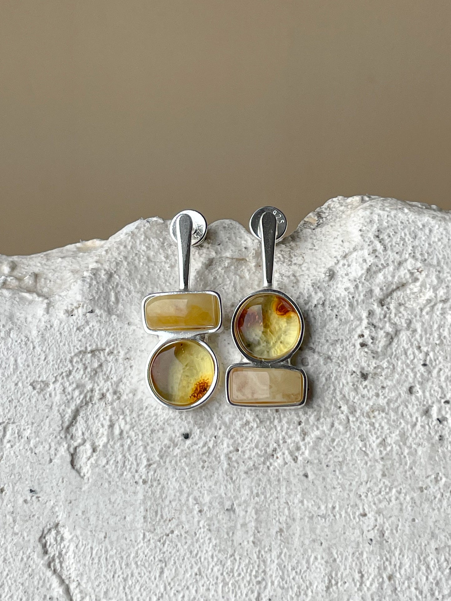 Multicolor amber stud earrings - Sterling silver - Mismatched earrings collection