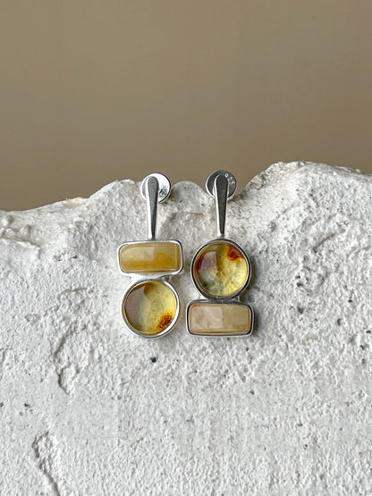 Multicolor amber stud earrings - Sterling silver - Mismatched earrings collection