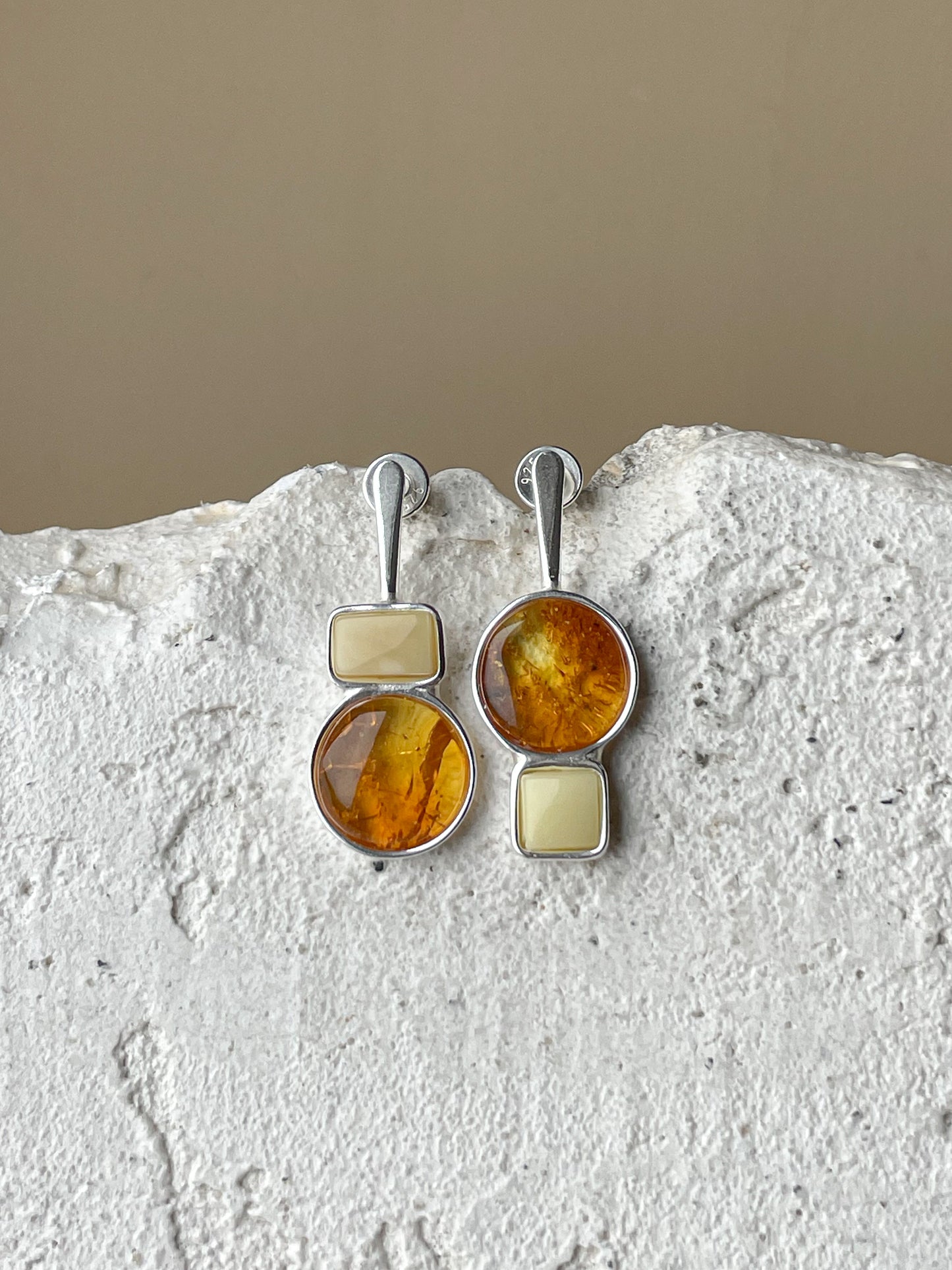 Multicolor amber stud earrings - Sterling silver - Mismatched earrings collection