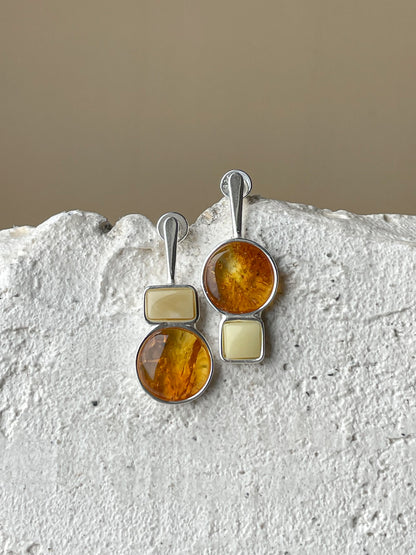 Multicolor amber stud earrings - Sterling silver - Mismatched earrings collection