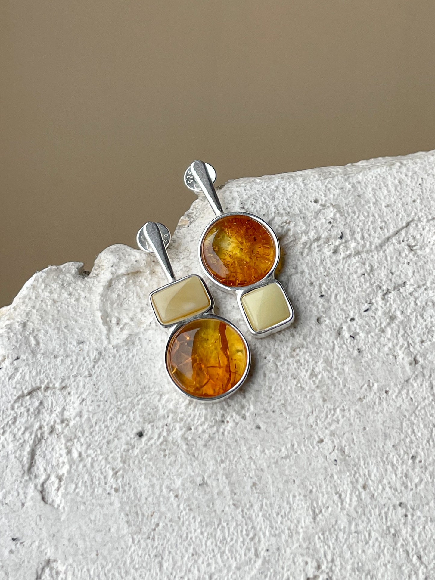 Multicolor amber stud earrings - Sterling silver - Mismatched earrings collection