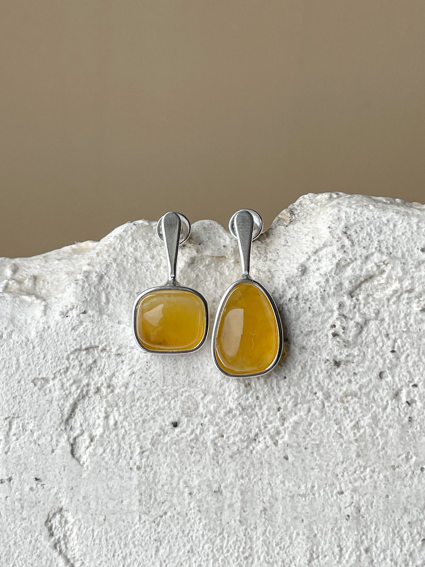 Honey amber stud earrings - Sterling silver - Mismatched earrings collection