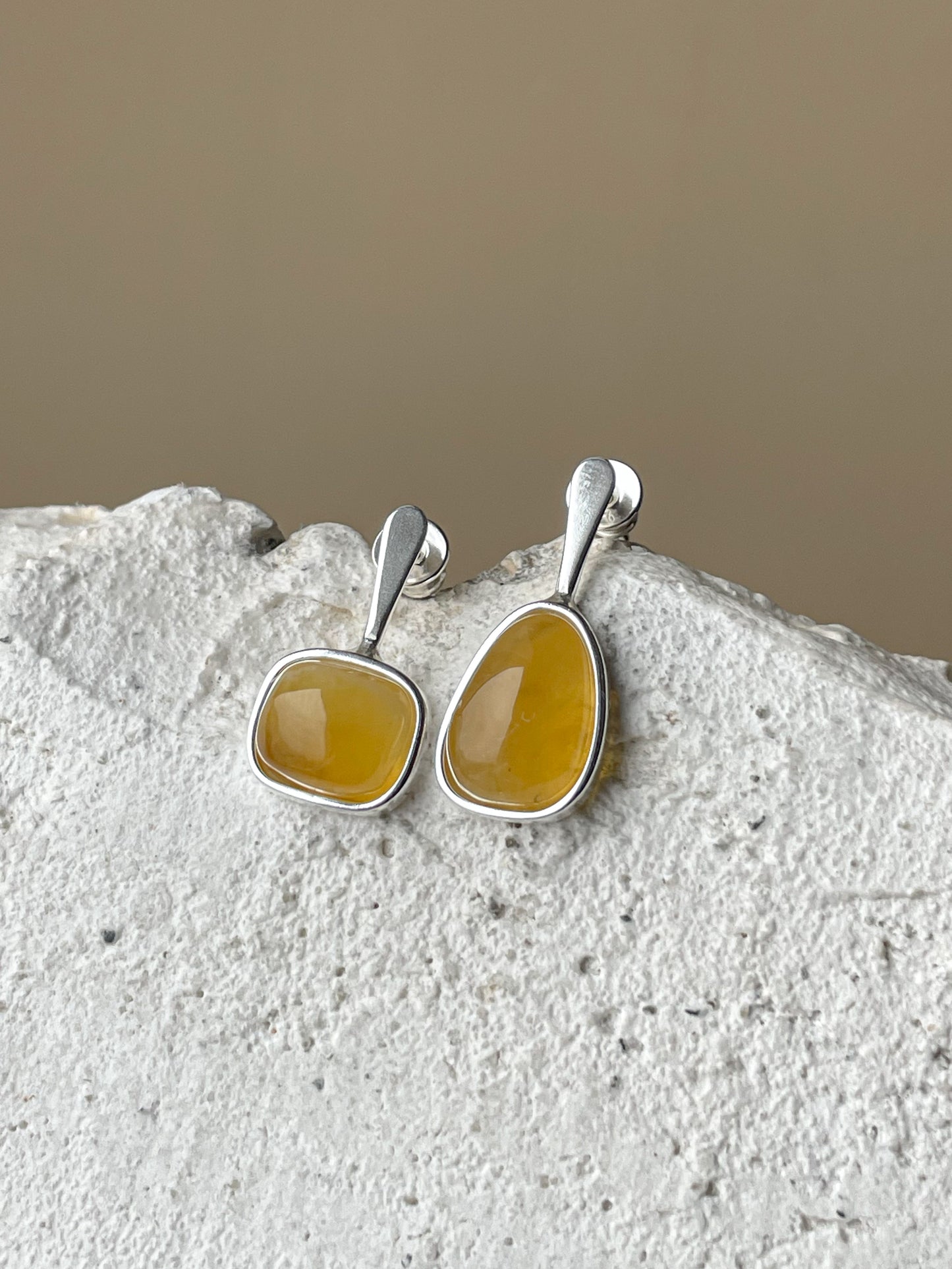 Honey amber stud earrings - Sterling silver - Mismatched earrings collection