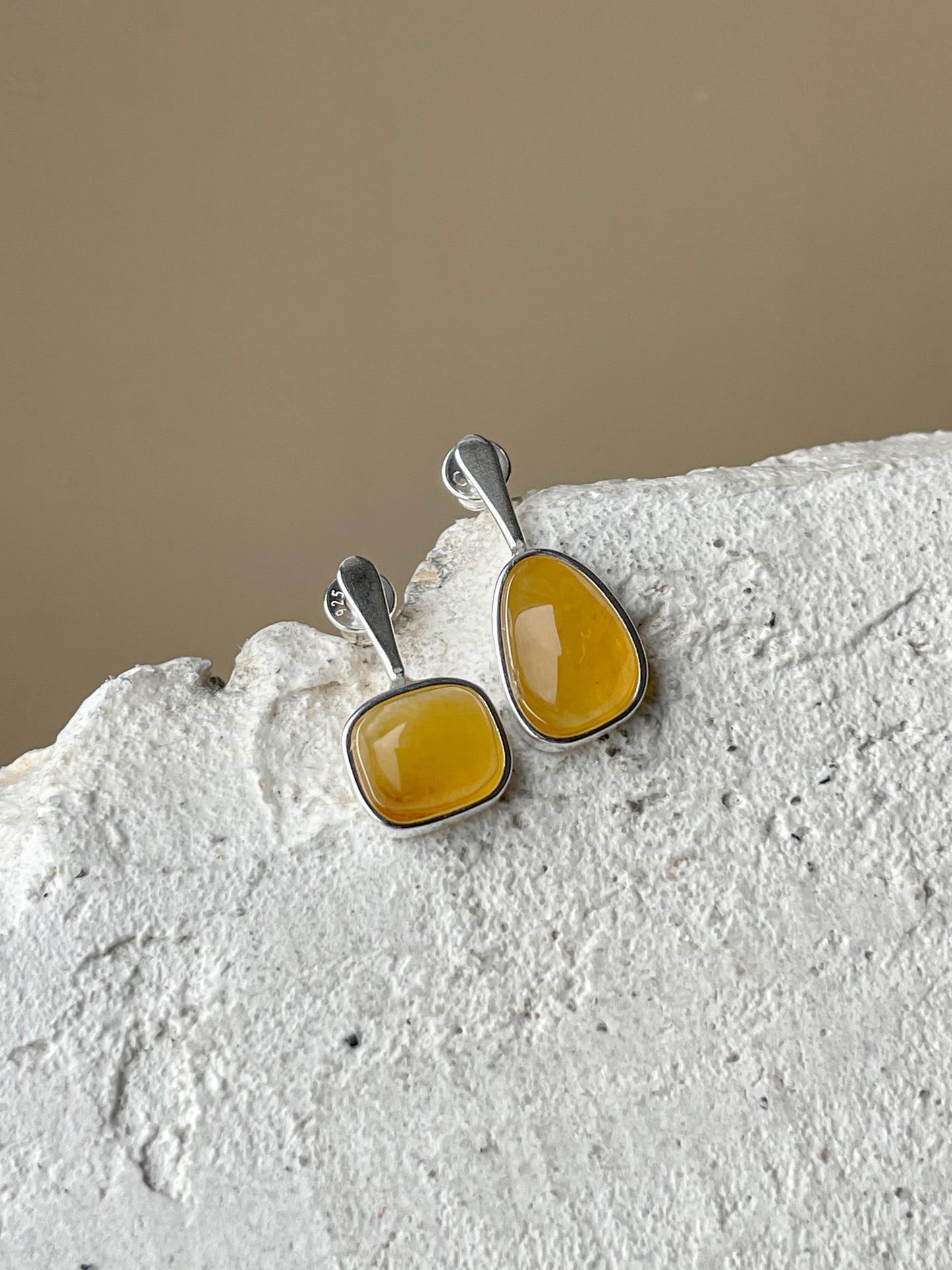 Honey amber stud earrings - Sterling silver - Mismatched earrings collection