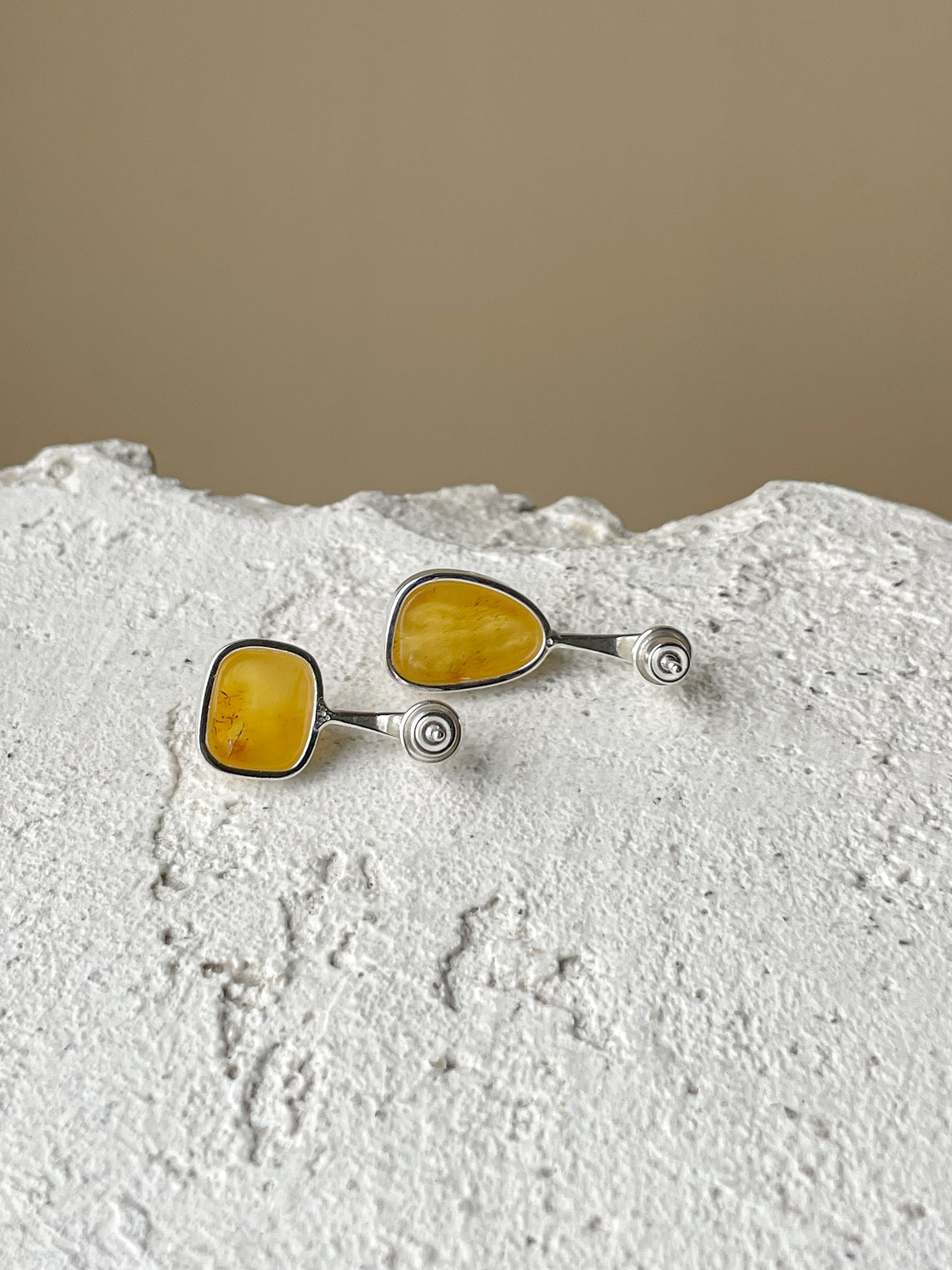 Honey amber stud earrings - Sterling silver - Mismatched earrings collection