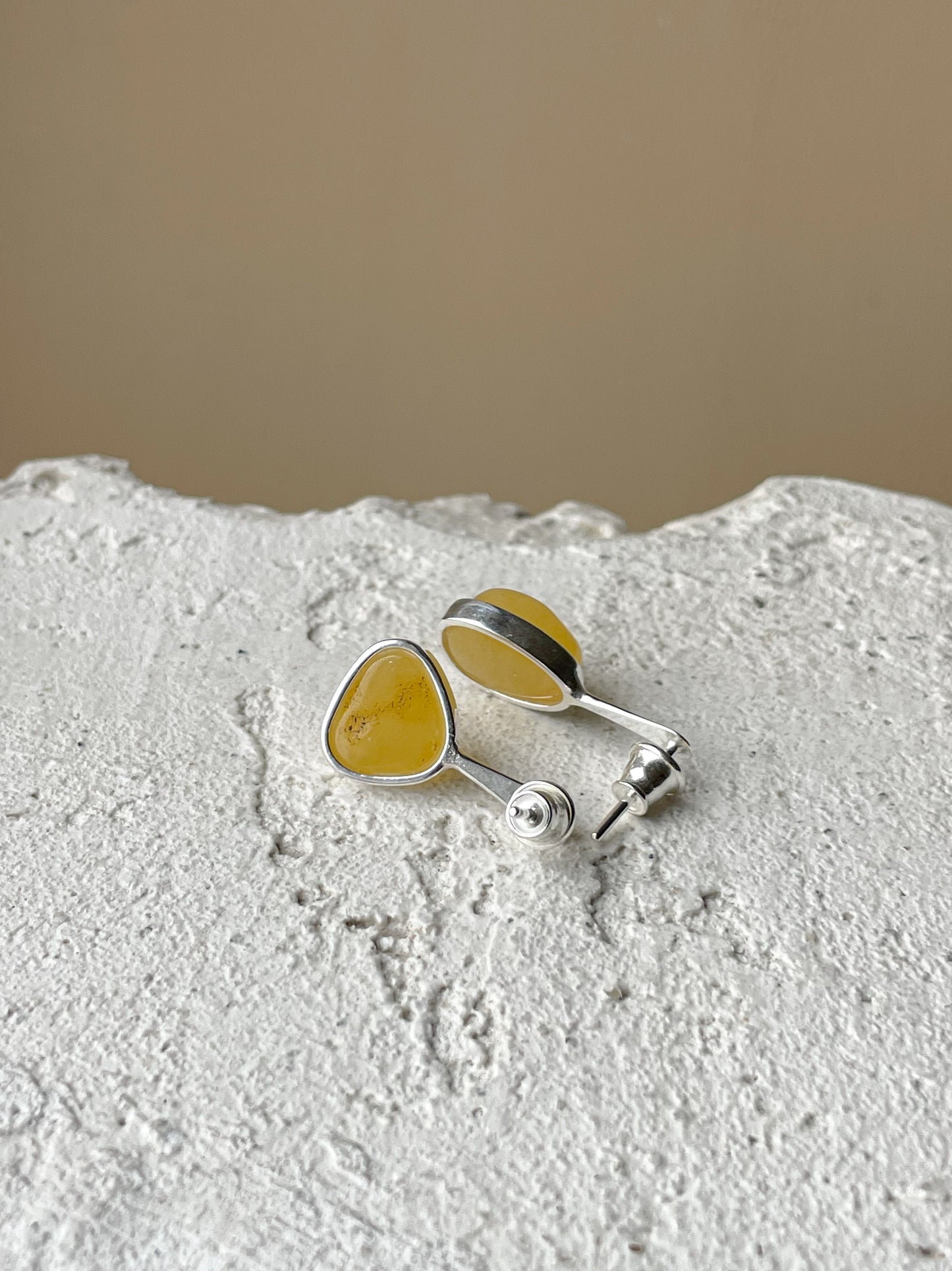 Honey amber stud earrings - Sterling silver - Mismatched earrings collection