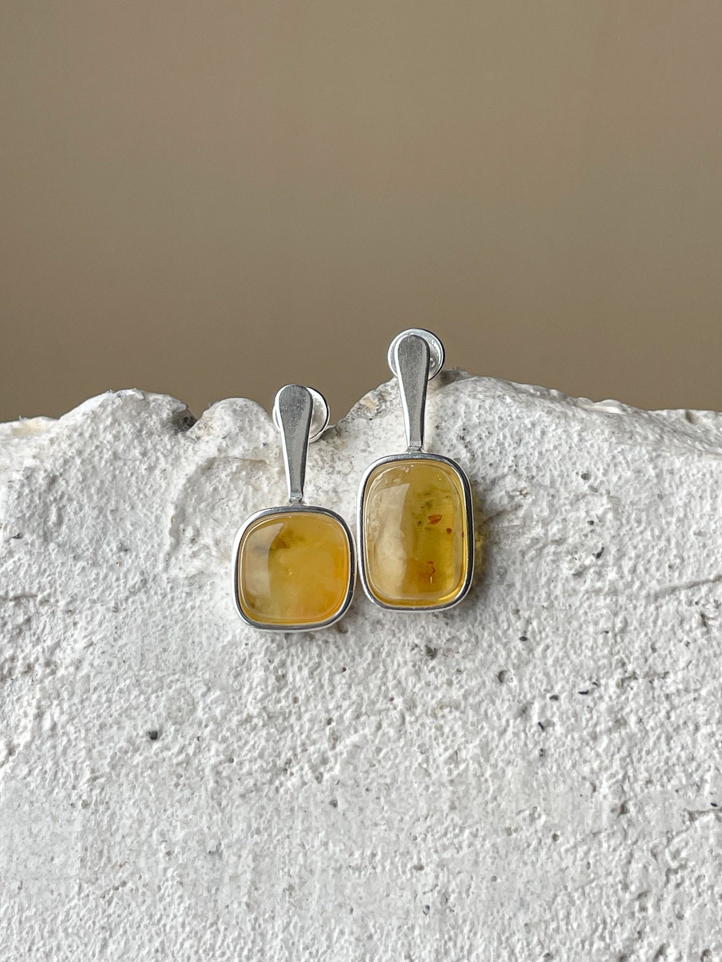 Yellow amber stud earrings - Sterling silver - Mismatched earrings collection