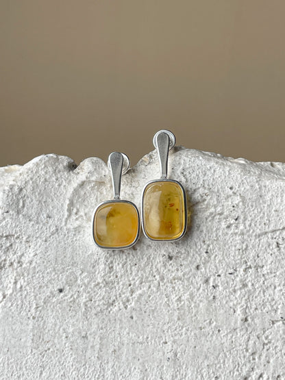 Yellow amber stud earrings - Sterling silver - Mismatched earrings collection