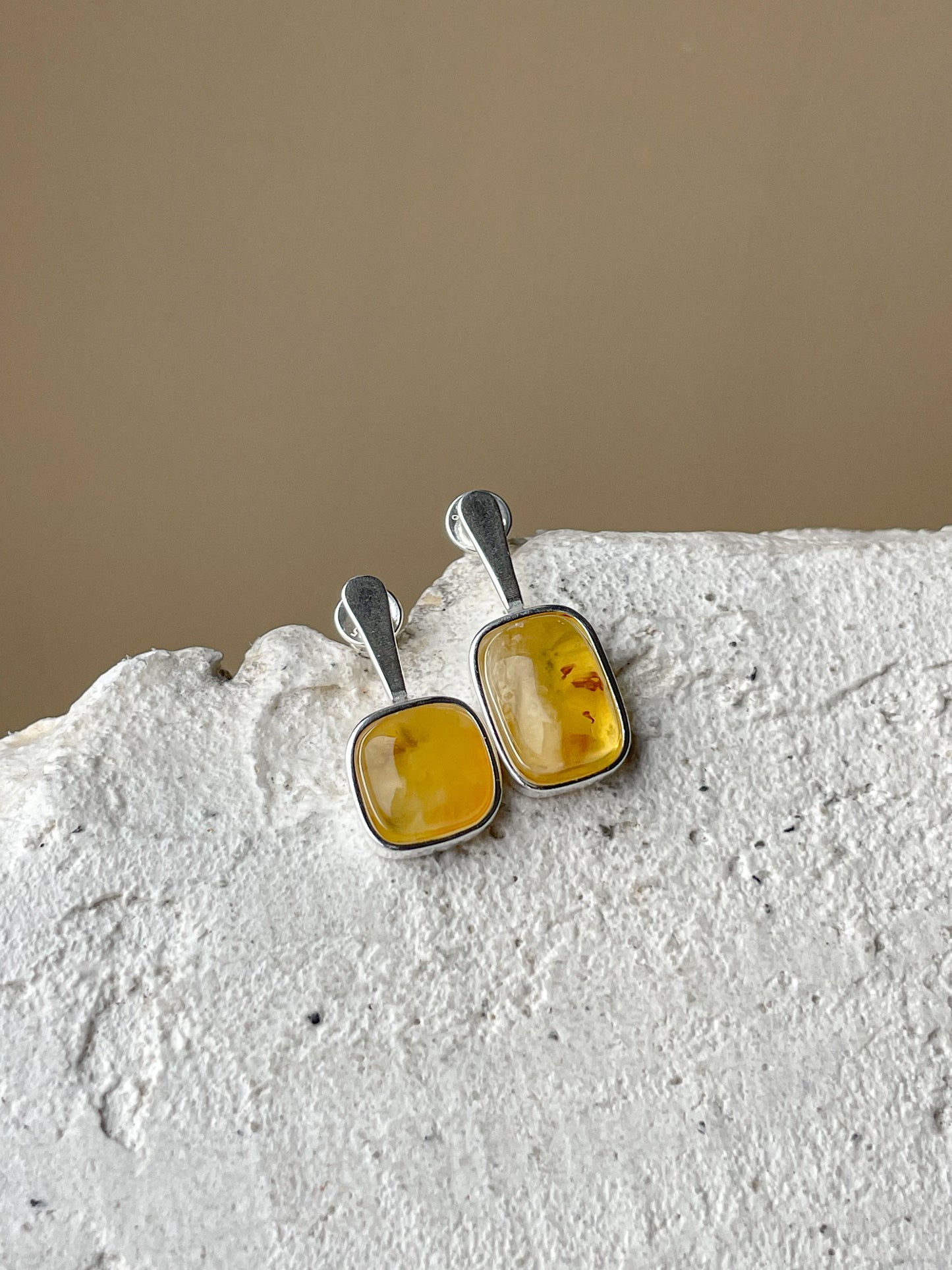 Yellow amber stud earrings - Sterling silver - Mismatched earrings collection