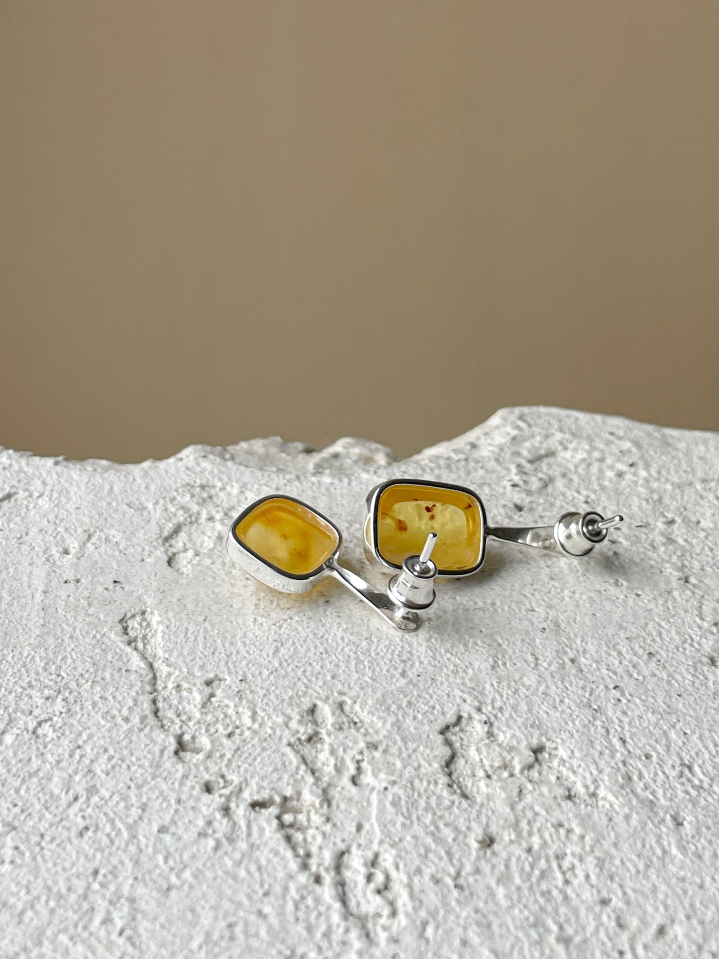 Yellow amber stud earrings - Sterling silver - Mismatched earrings collection