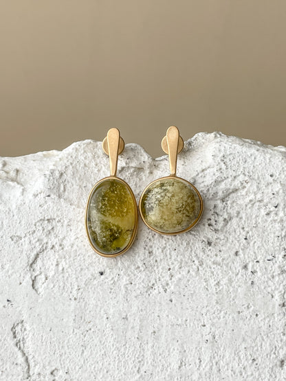 Green amber stud earrings - Gold plated silver - Mismatched earrings collection