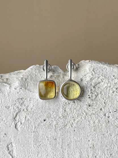 Clear amber stud earrings - Sterling silver - Mismatched earrings collection