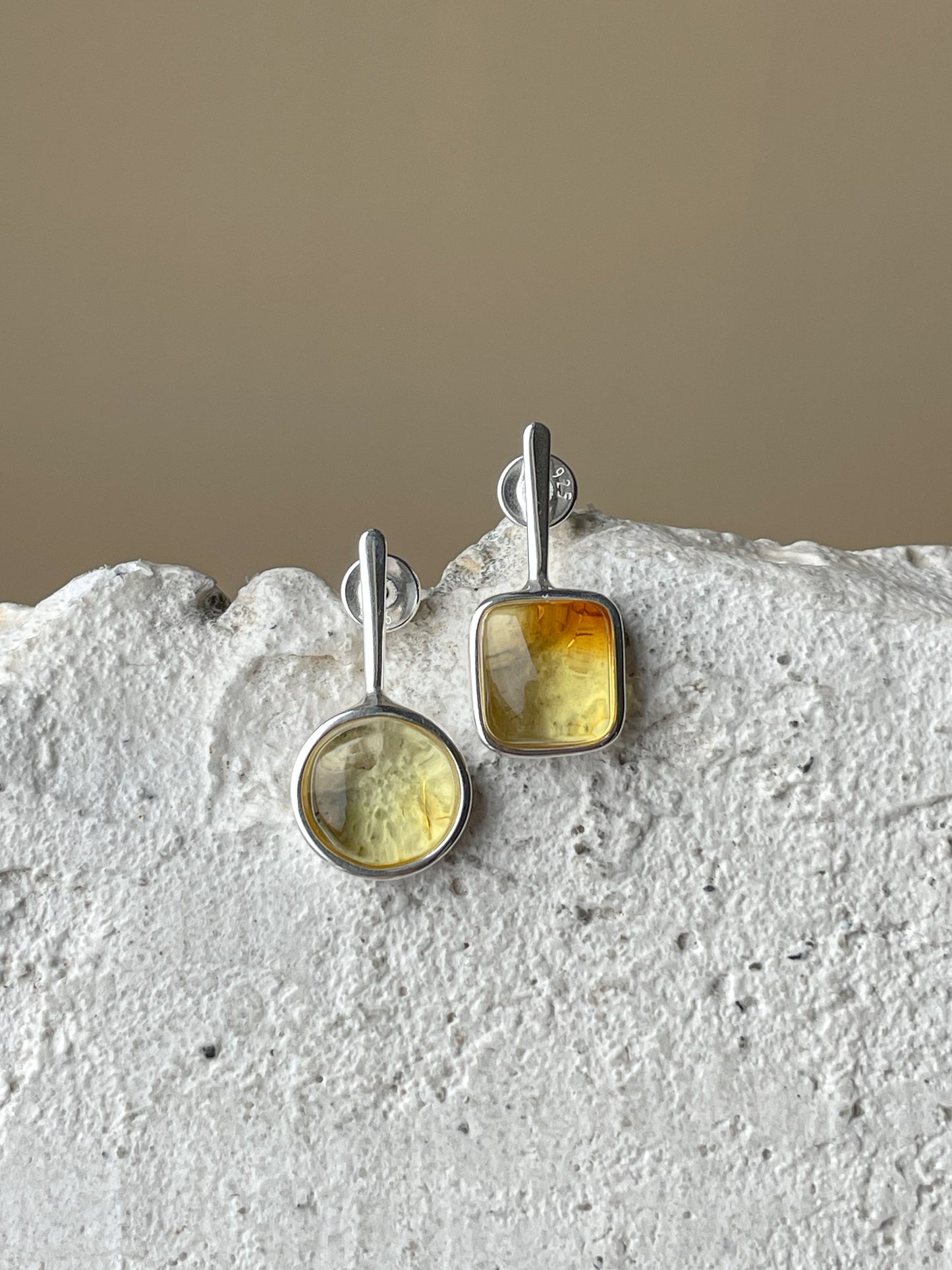 Clear amber stud earrings - Sterling silver - Mismatched earrings collection