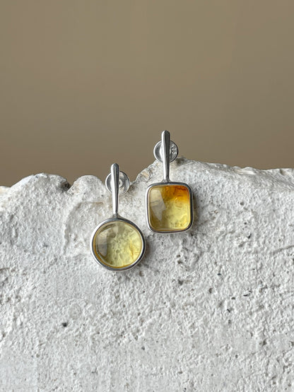 Clear amber stud earrings - Sterling silver - Mismatched earrings collection