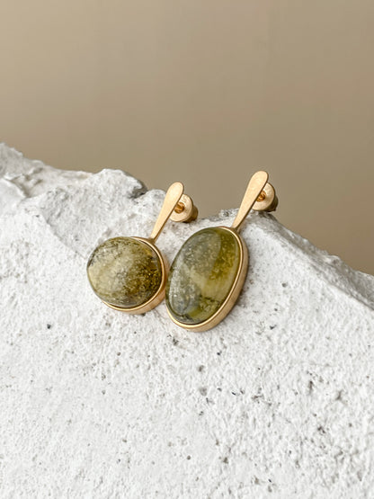 Green amber stud earrings - Gold plated silver - Mismatched earrings collection