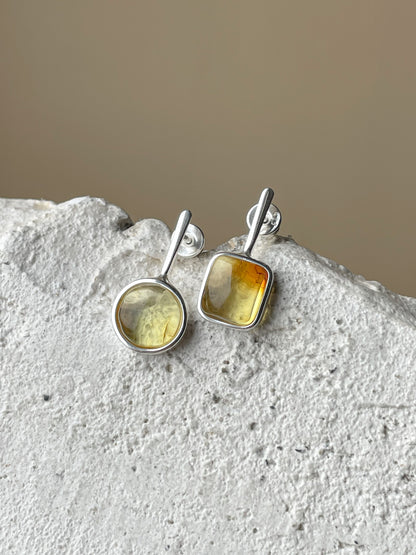 Clear amber stud earrings - Sterling silver - Mismatched earrings collection