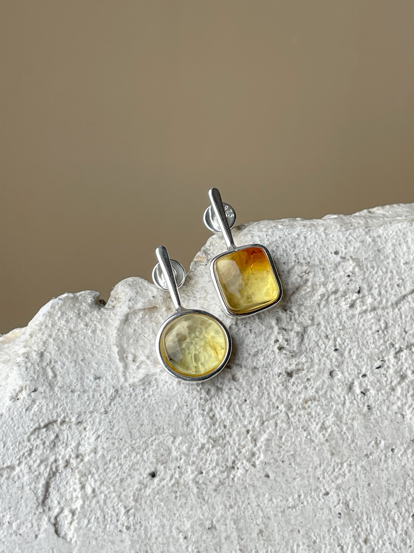 Clear amber stud earrings - Sterling silver - Mismatched earrings collection