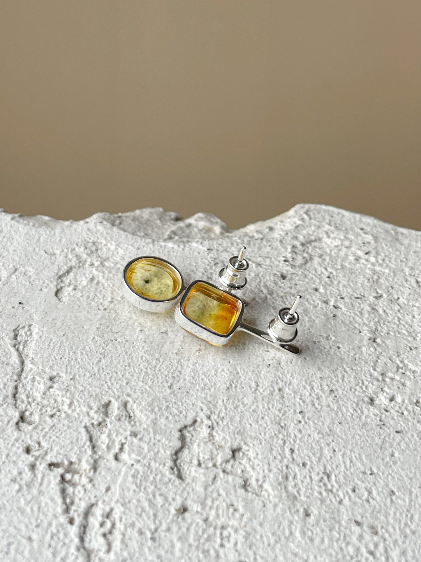 Clear amber stud earrings - Sterling silver - Mismatched earrings collection