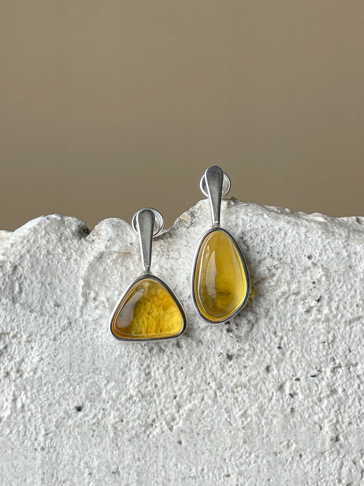 Clear amber stud earrings - Sterling silver - Mismatched earrings collection