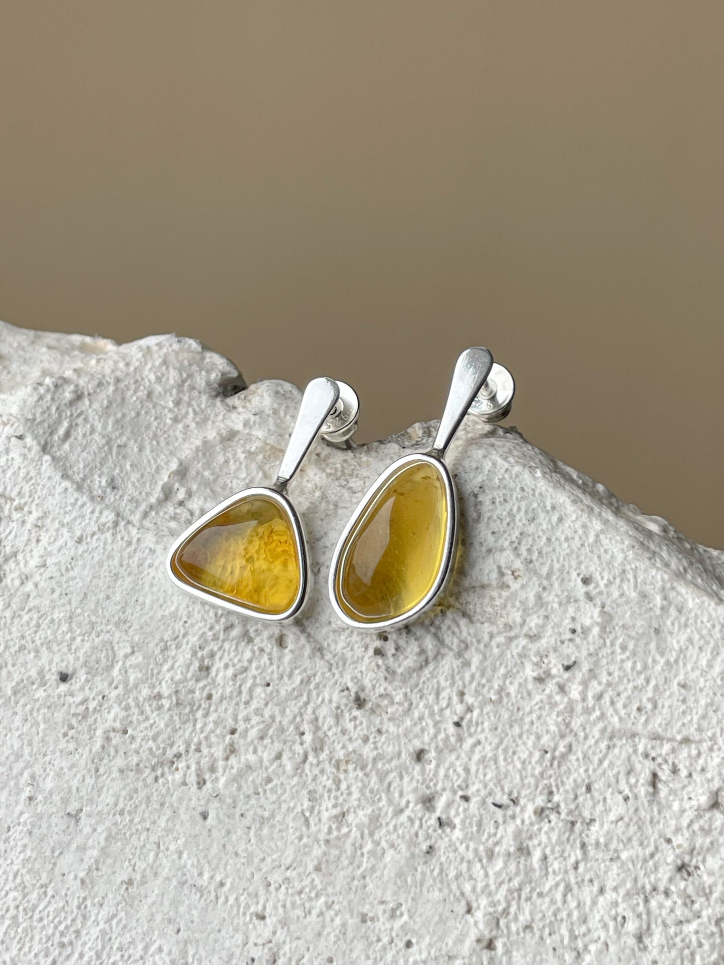 Clear amber stud earrings - Sterling silver - Mismatched earrings collection