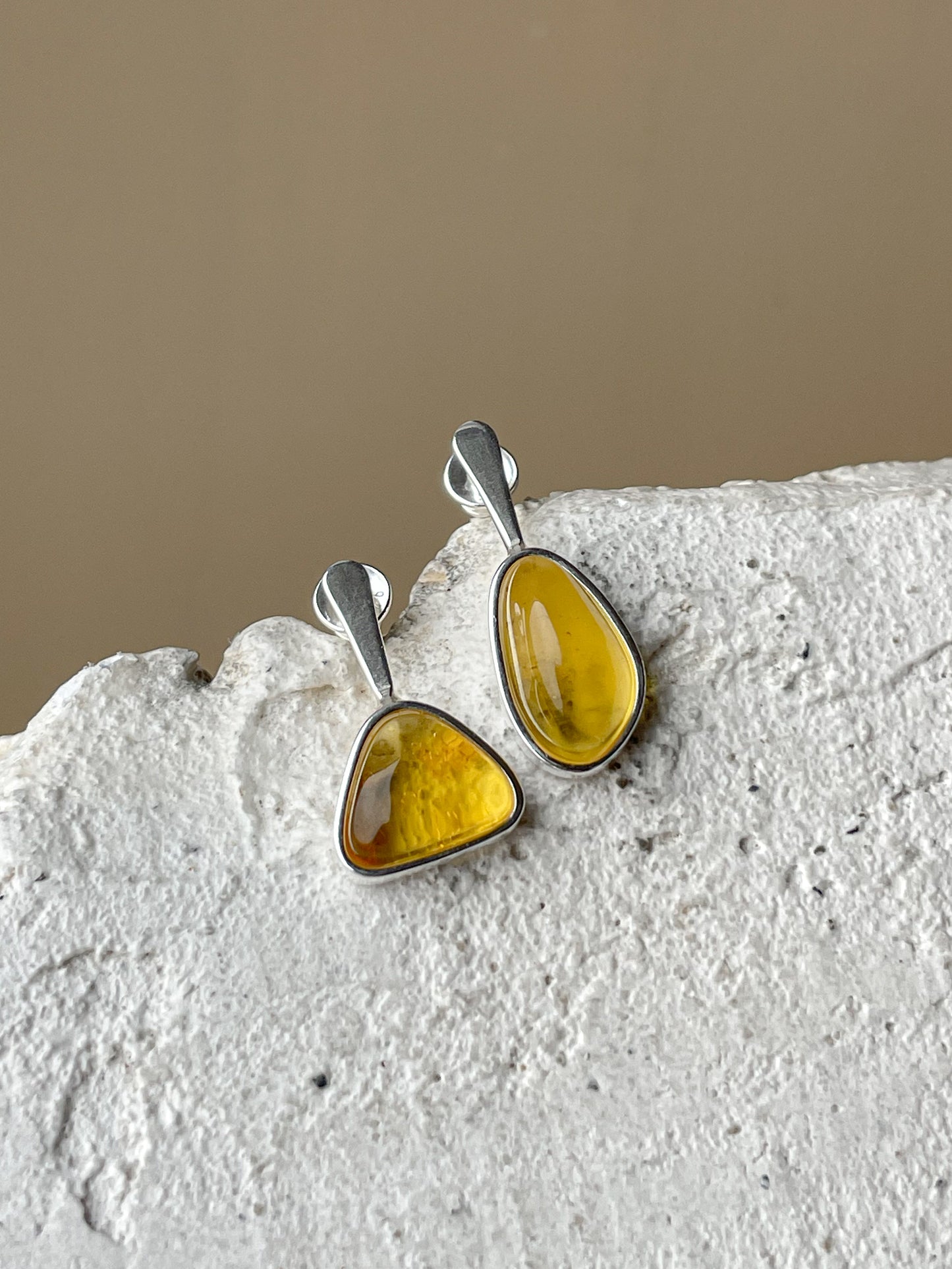 Clear amber stud earrings - Sterling silver - Mismatched earrings collection