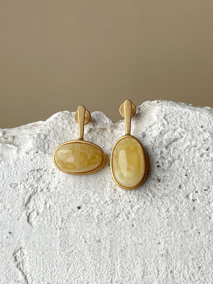 Butterscotch amber stud earrings - Gold plated silver - Mismatched earrings collection