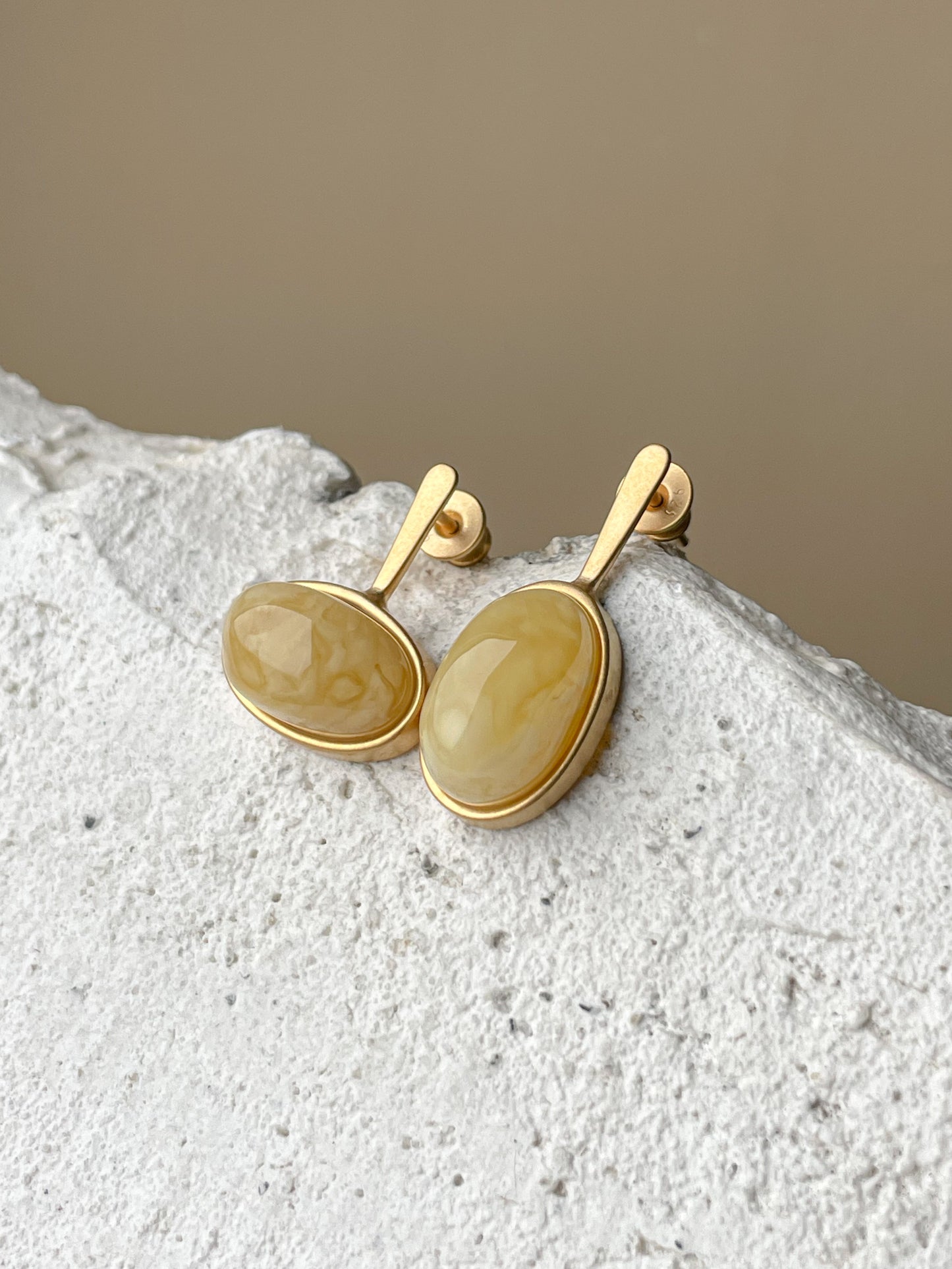 Butterscotch amber stud earrings - Gold plated silver - Mismatched earrings collection