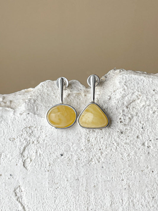 Matte amber stud earrings - Sterling silver - Mismatched earrings collection