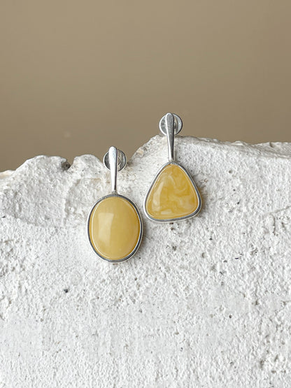 Matte amber stud earrings - Sterling silver - Mismatched earrings collection