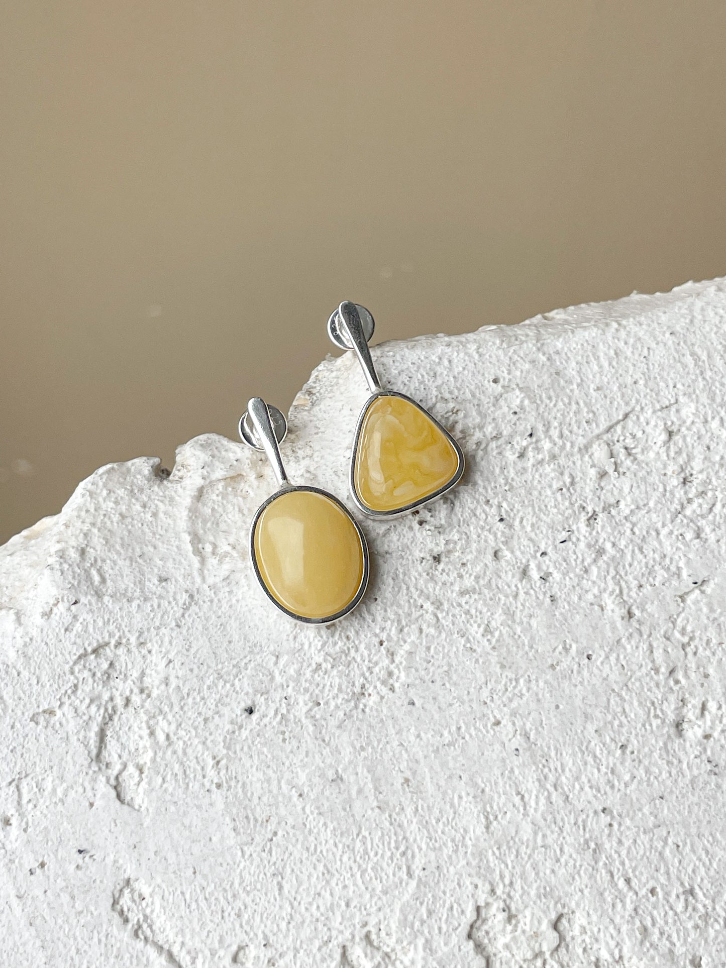 Matte amber stud earrings - Sterling silver - Mismatched earrings collection