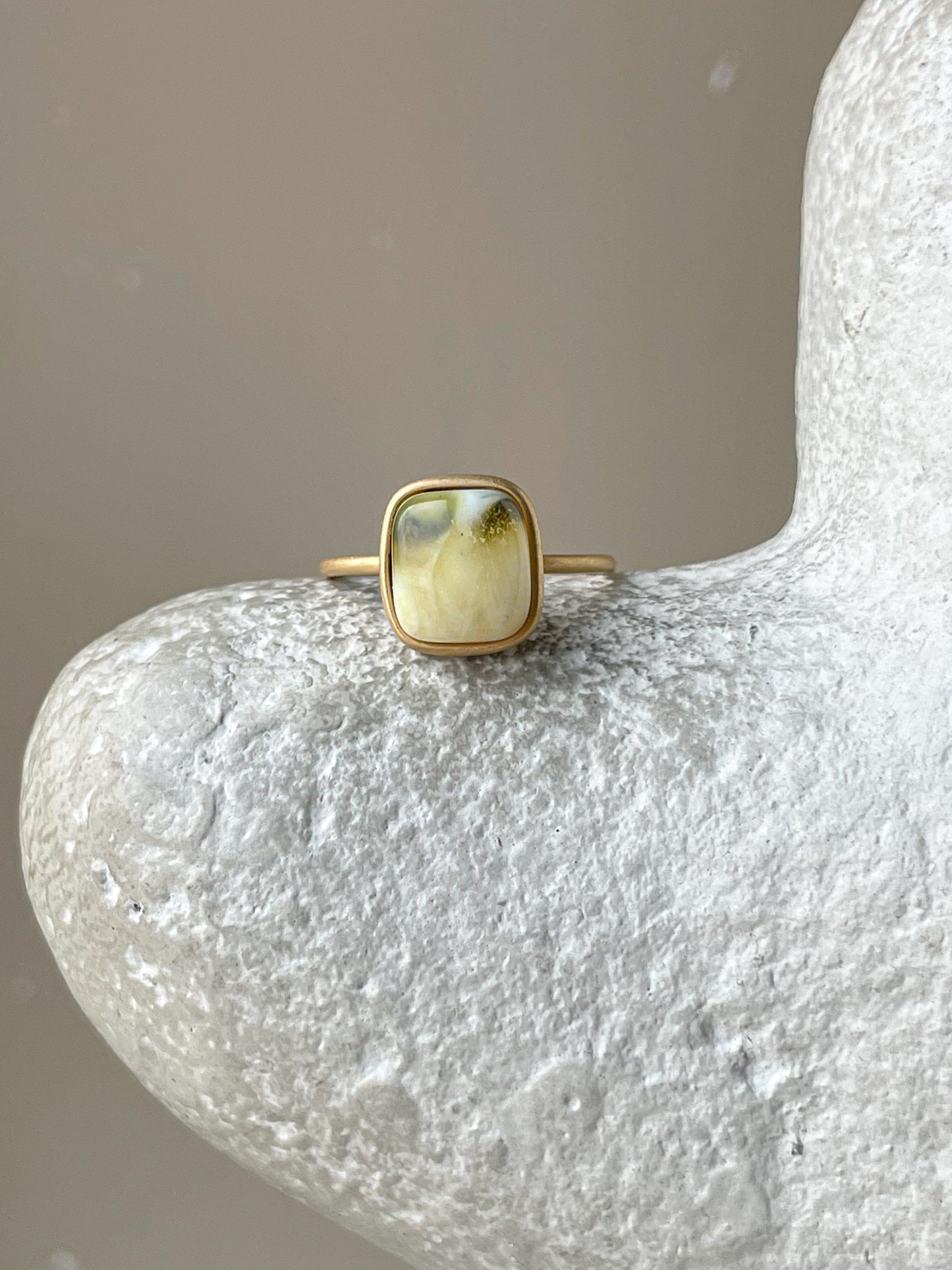 Gold plated silver ring with green amber, size 8 1/2