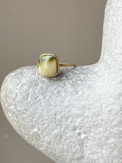 Gold plated silver ring with green amber, size 8 1/2