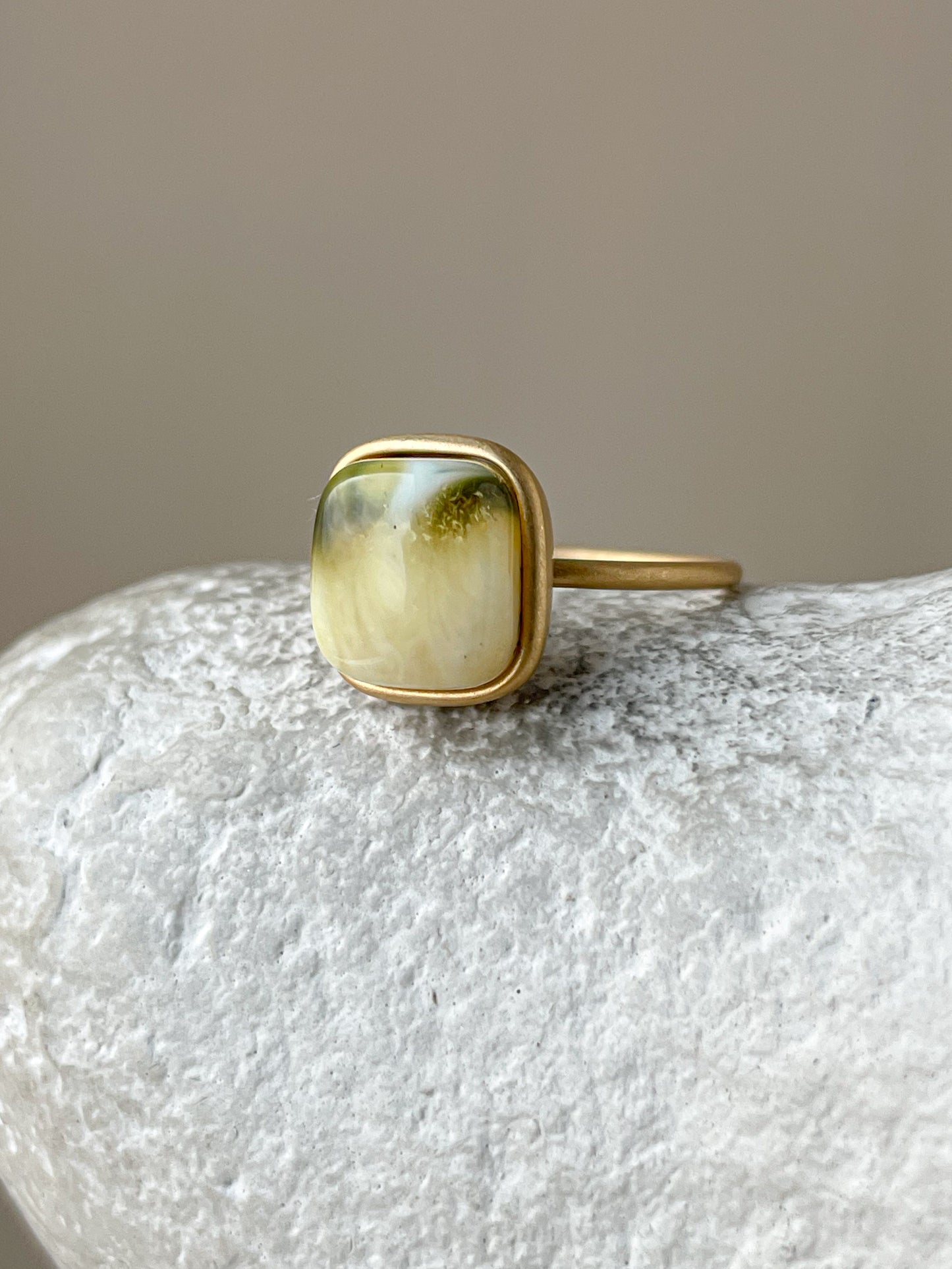 Gold plated silver ring with green amber, size 8 1/2