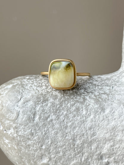 Gold plated silver ring with green amber, size 8 1/2