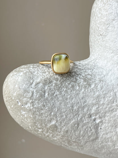 Gold plated silver ring with green amber, size 8 1/2