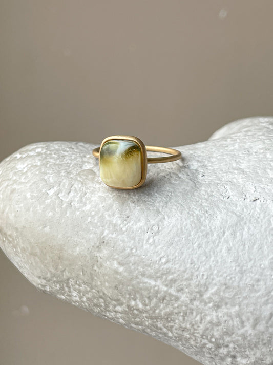 Gold plated silver ring with green amber, size 8 1/2