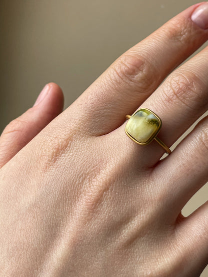 Gold plated silver ring with green amber, size 8 1/2