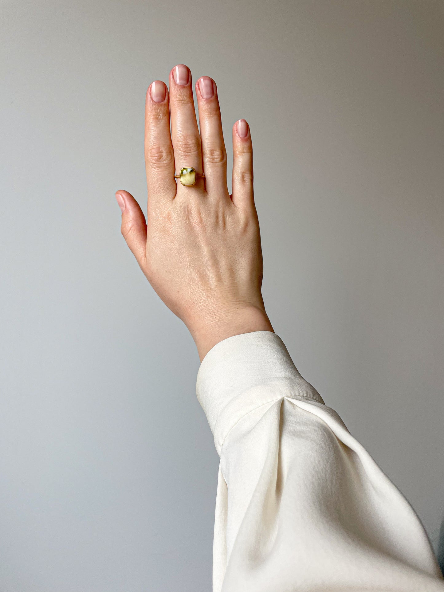 Gold plated silver ring with green amber, size 8 1/2