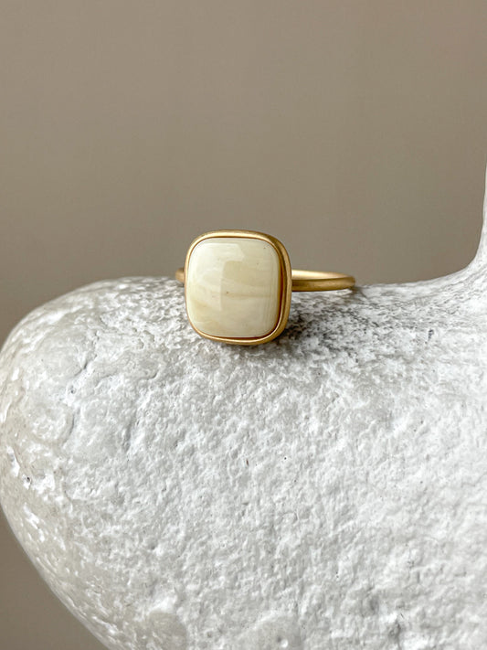 Gold plated silver ring with milky amber, size 7 1/2