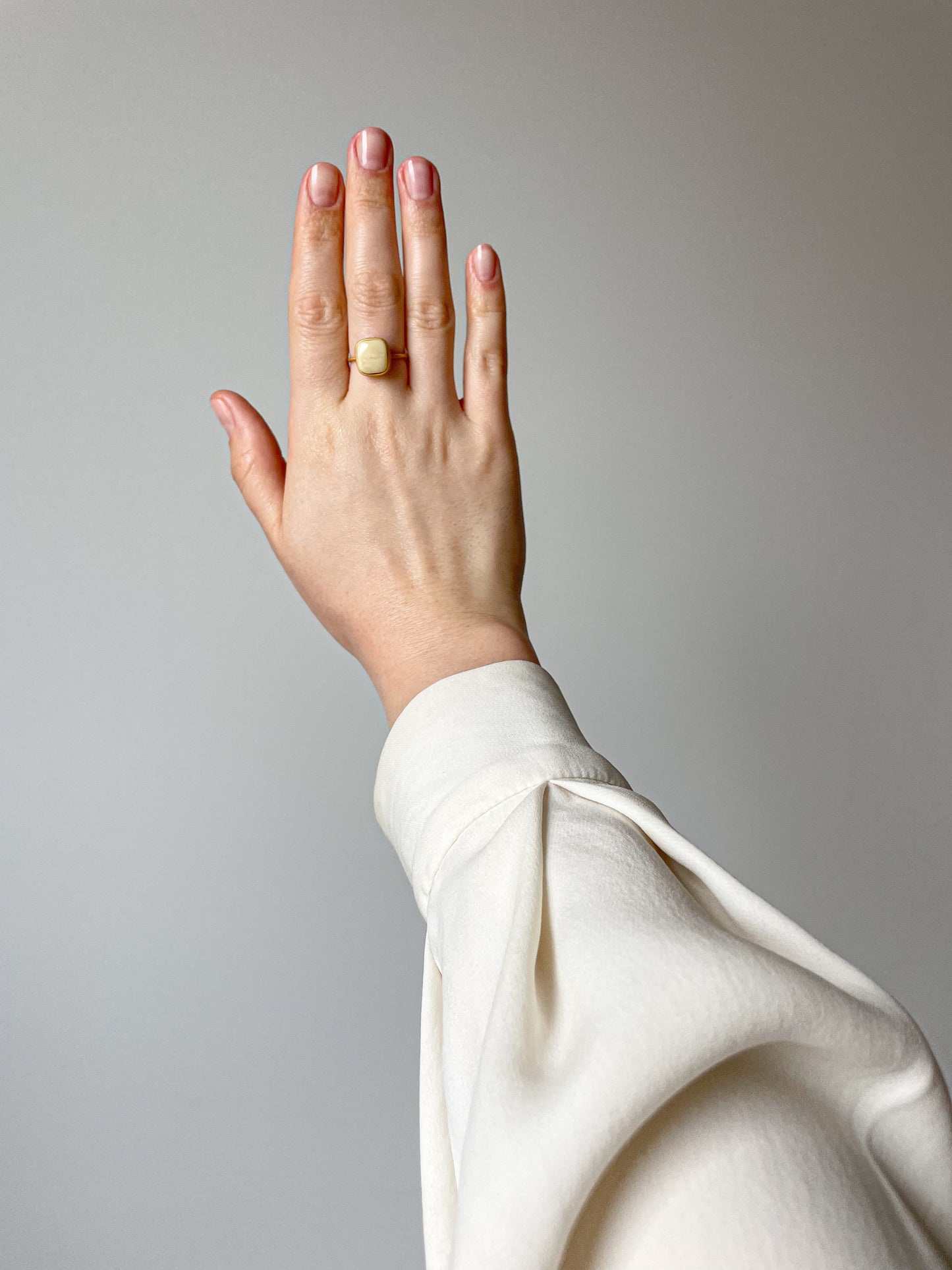 Gold plated silver ring with milky amber, size 7 1/2