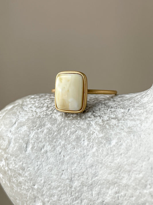 Gold plated silver ring with milky amber, size 8 1/2