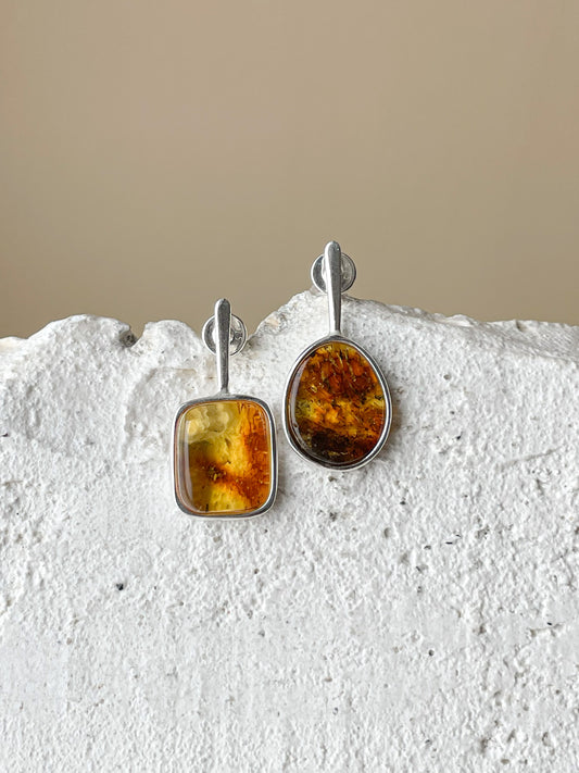 Cognac amber stud earrings - Sterling silver - Mismatched earrings collection