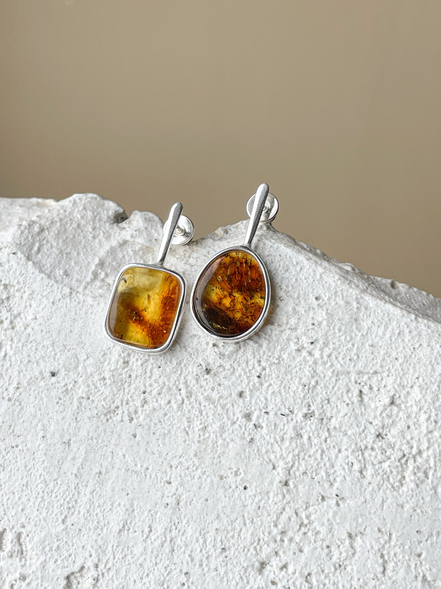 Cognac amber stud earrings - Sterling silver - Mismatched earrings collection