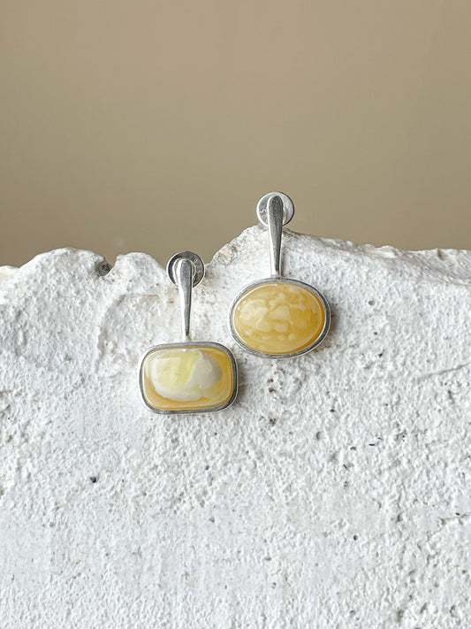 Matte amber stud earrings - Sterling silver - Mismatched earrings collection