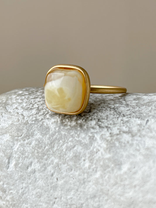 Gold plated silver ring with landscape amber, size 7 3/4