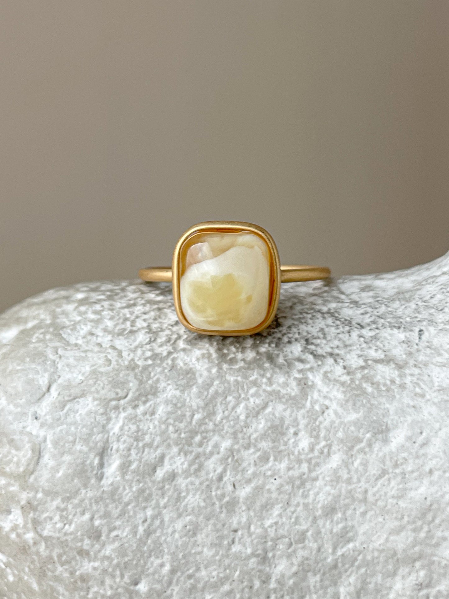 Gold plated silver ring with landscape amber, size 7 3/4