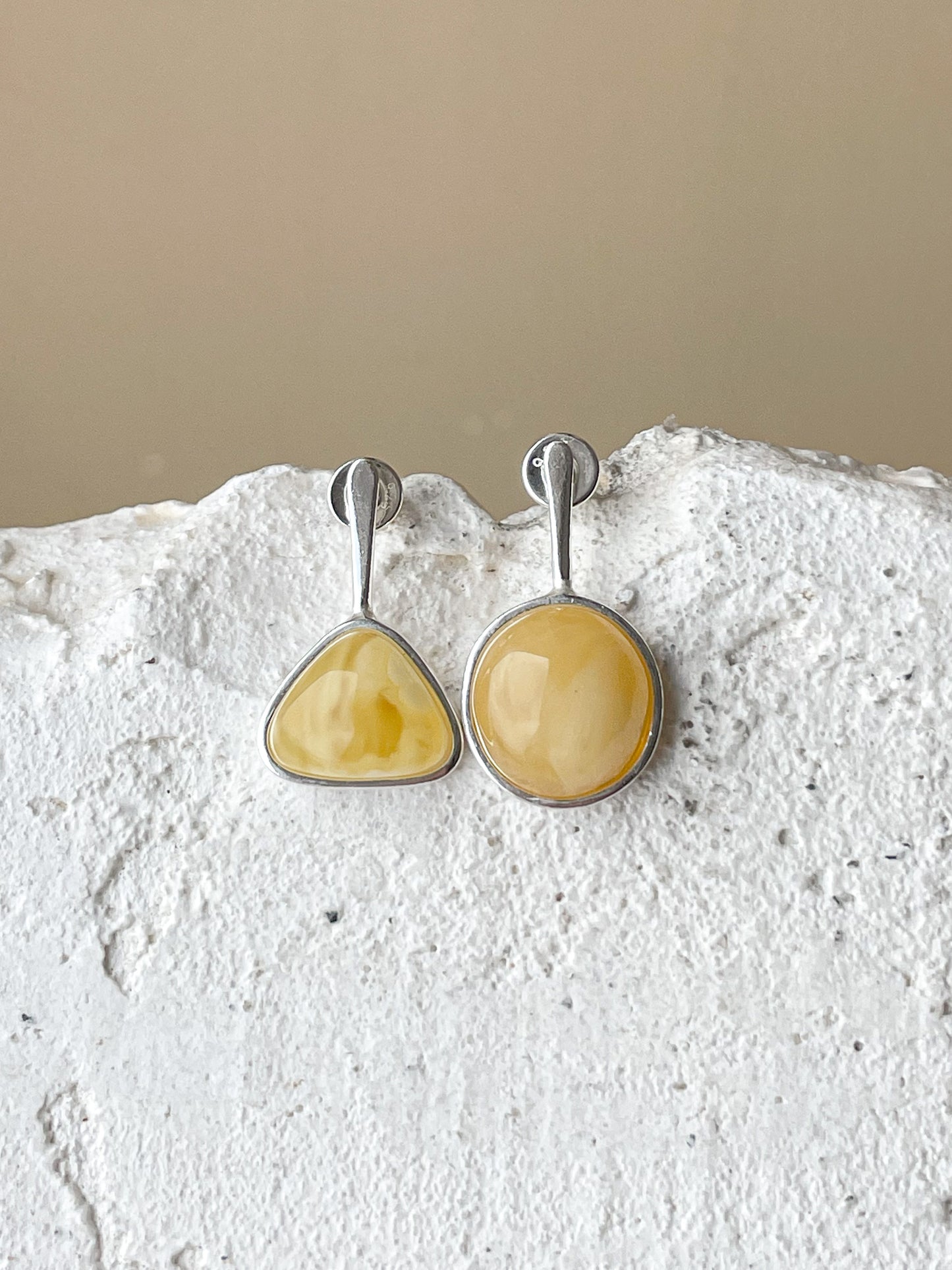 Matte amber stud earrings - Sterling silver - Mismatched earrings collection