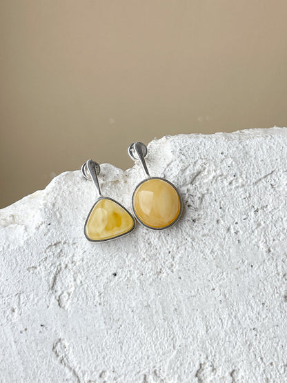 Matte amber stud earrings - Sterling silver - Mismatched earrings collection