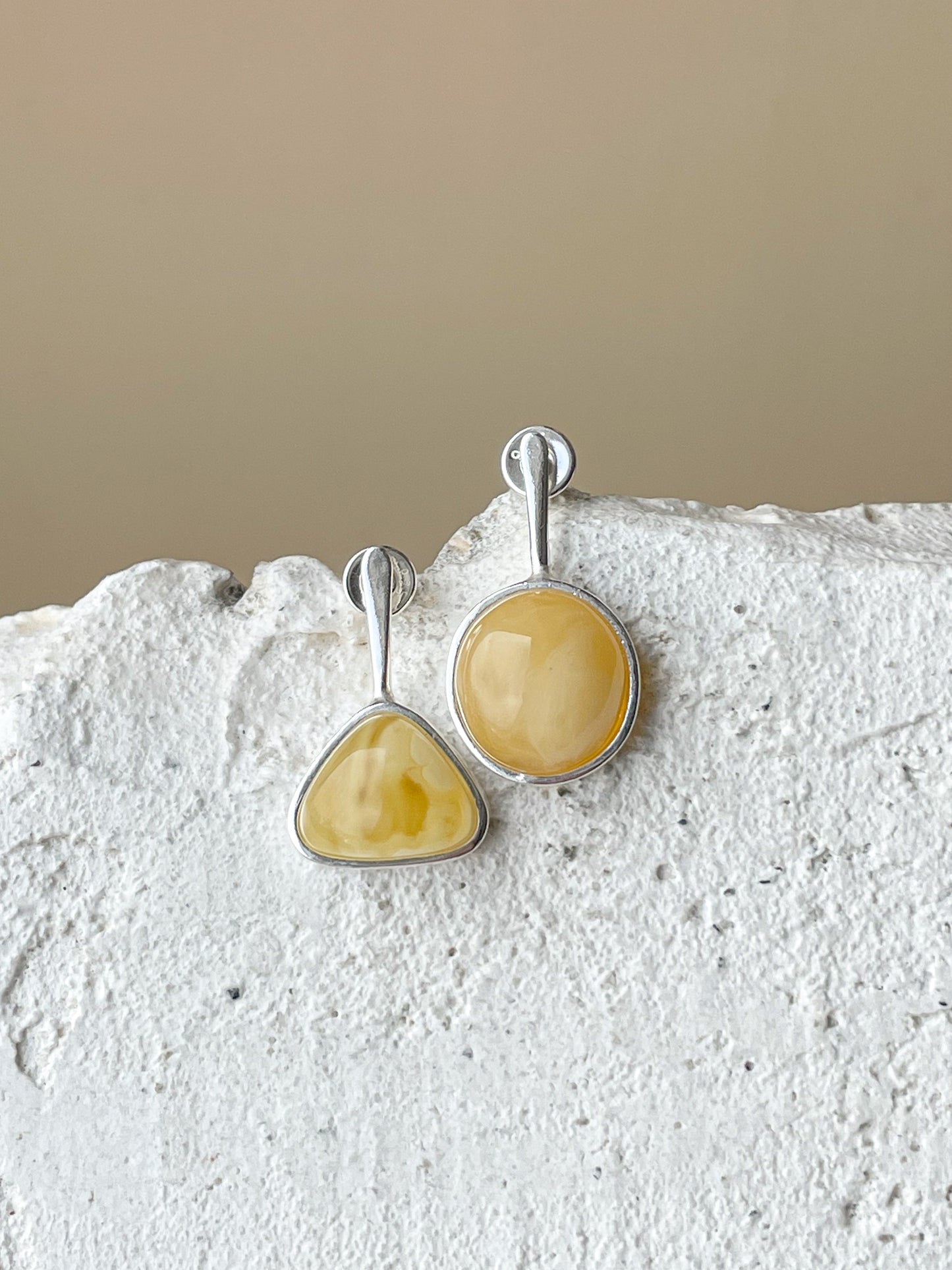 Matte amber stud earrings - Sterling silver - Mismatched earrings collection